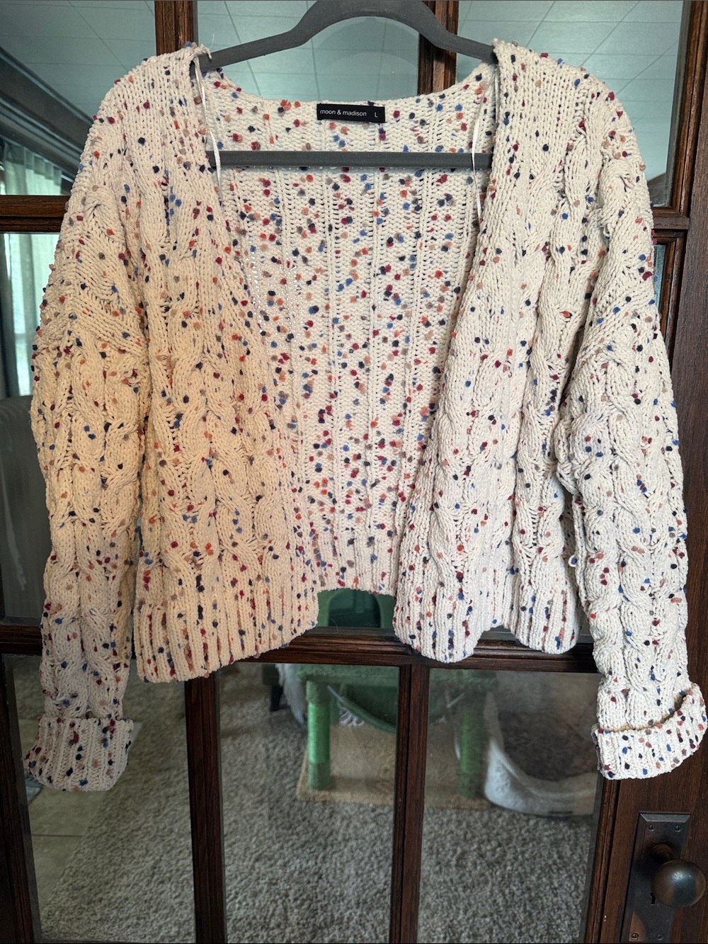 Moon & Madison Confetti Cable Knit Cardigan Cream Multi Open Front L Whimsigoth